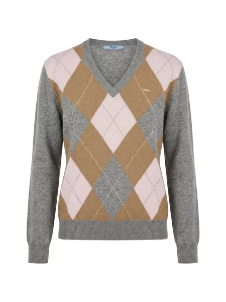 Pulover Prada cu decolteu în V cu model argyle gri