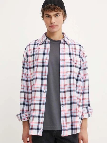 Риза Tommy Jeans мъжка със свободна кройка с класическа яка бяло