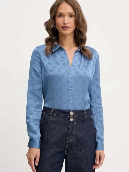 Риза Guess MARTHE дамска със стандартна кройка с класическа яка синьо