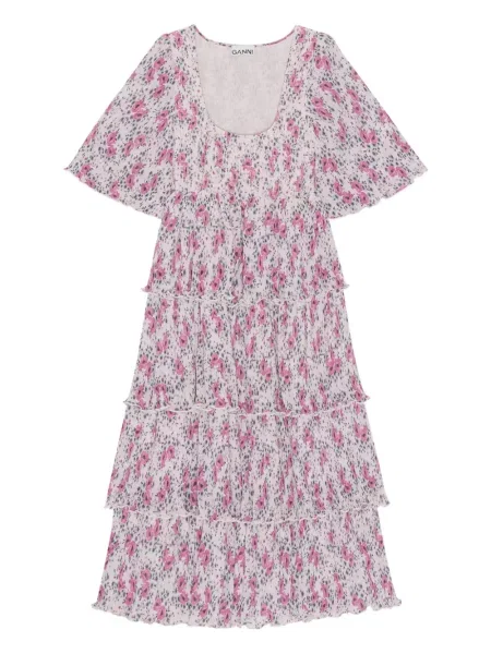 Rochie midi Ganni cu model floral cu imagine plisată alb