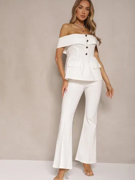 Compleu de costum Bluză tip spaniolă și Pantaloni evazați Silkio alb