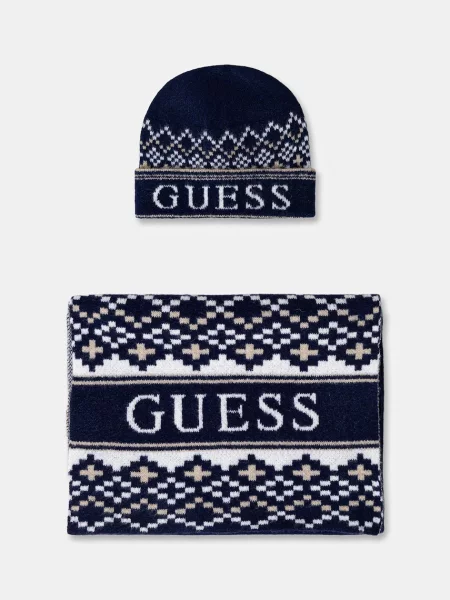 Шапка и шал с вълна Guess тъмносиньо