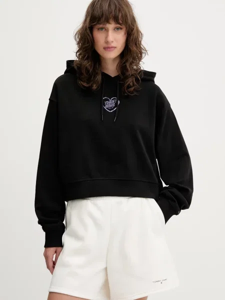Dukserica Tommy Jeans za žene s kapuljačom s tiskom crna