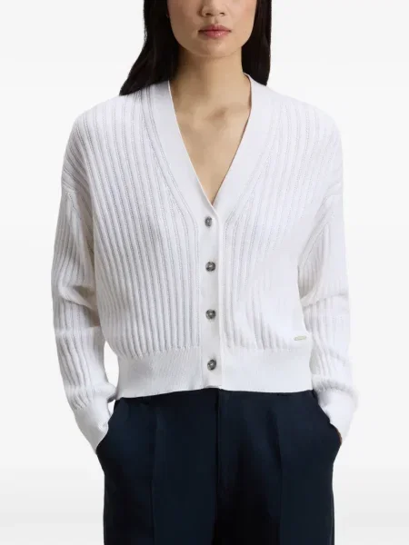 Cardigan Woolrich cu decolteu în V cu nervuri alb
