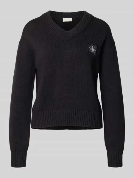 Sweter z dzianiny z dekoltem w serek czarny