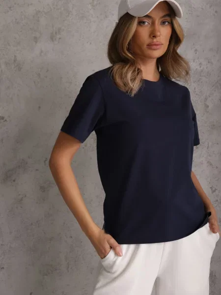 Granatowy T-shirt Ozdobiony po Bokach Rozcięciami Brinelle