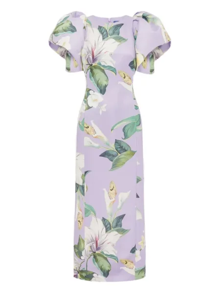 Maksi sukienka maxi Leo Lin w kwiatki garniturowa fioletowa
