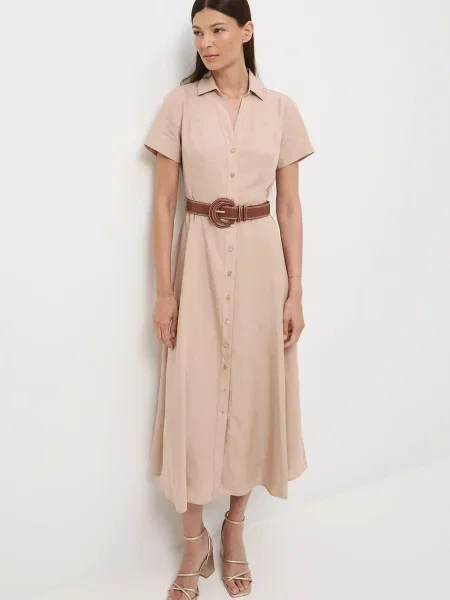 Medicine sukienka z domieszką lnu midi rozkloszowana beżowy