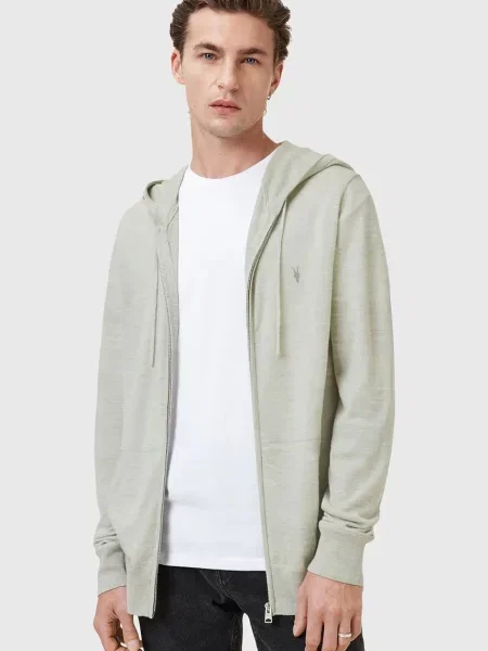 Суичър с качулка Allsaints от мерино вълна с качулка с принт черно