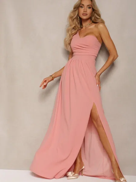 Asymetryczna Koktajlowa Sukienka o Długim Rozkloszowanym Kroju Erulia różowa