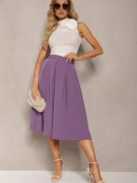 Fustă Violetă Midi Cu Pliuri Largi Și Cloș Helenesa