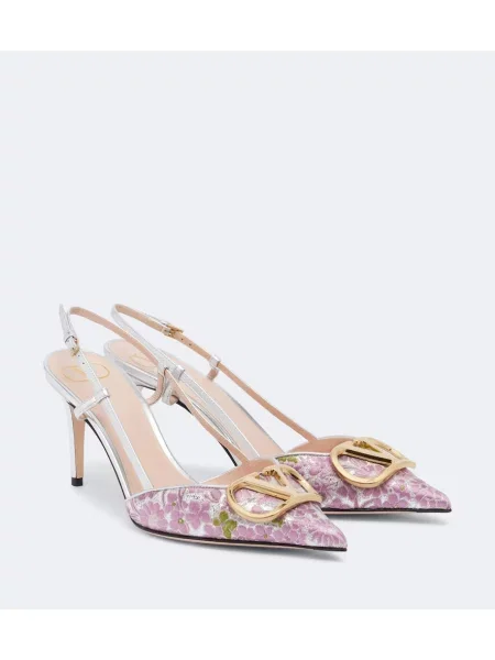 Pantofi cu toc Valentino Garavani din piele cu model floral slingback roz