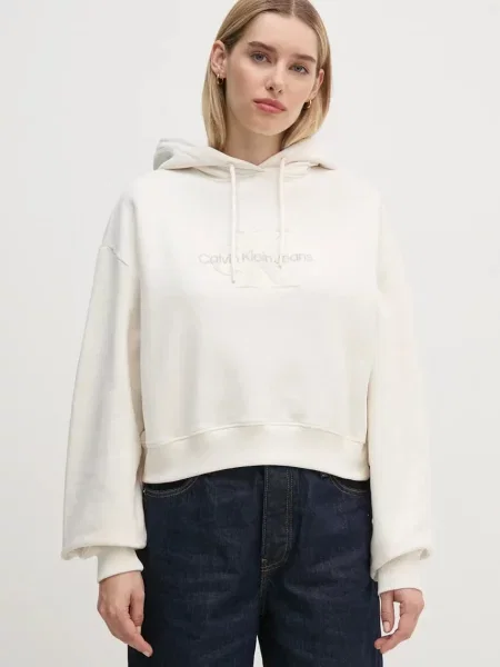 Суичър с качулка Calvin Klein Jeans с качулка с апликация бежово