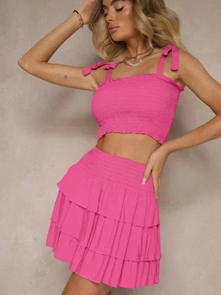 Fuksjowy Komplet z Bawełny Spódnica z Falbanami i Top z Kokardami Sarionae różowa