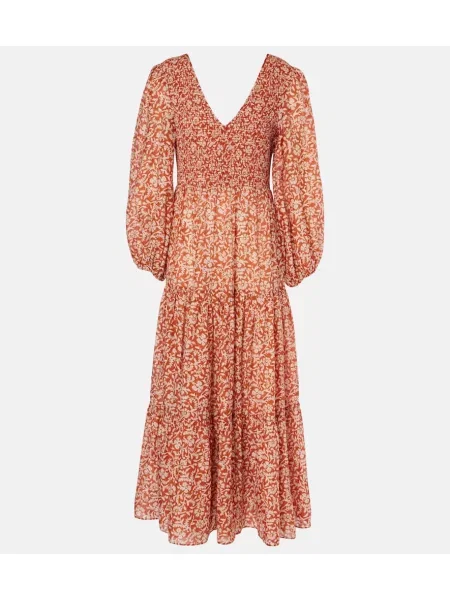 Rochie midi Rixo de mătase cu model floral până la genunchi roșu