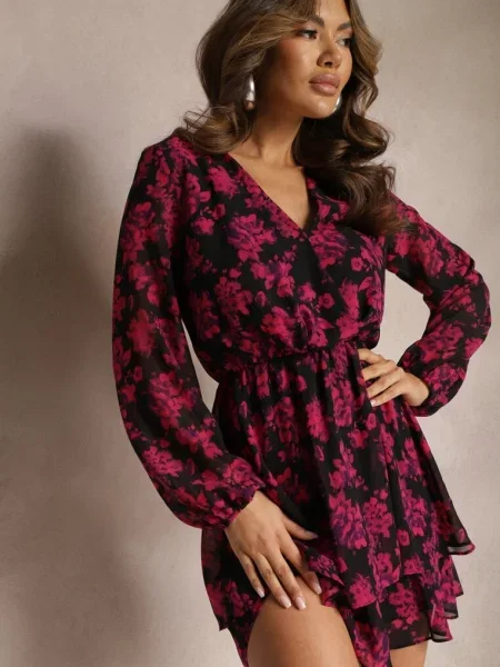 Rochie Mini Cloș cu Decolteu În V Retrina roz