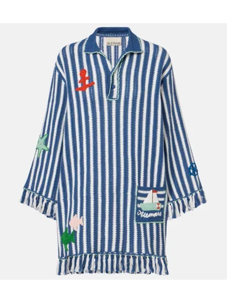 Črtasta obleka Alemais z obrobami s črtami modra