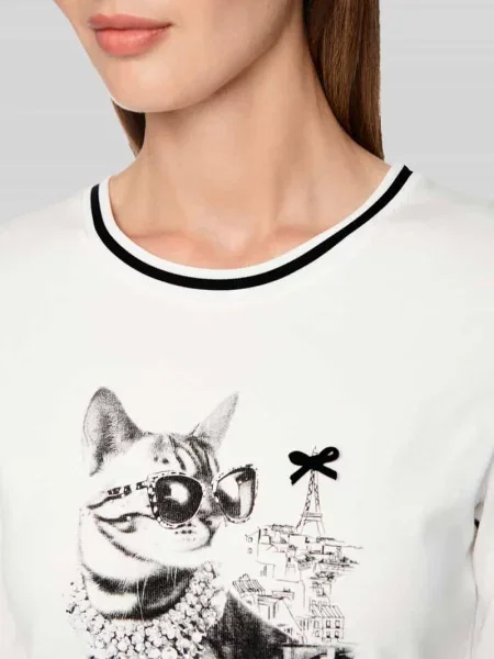 T-shirt z nadrukiem kota i kamienie stras Marc Cain biała