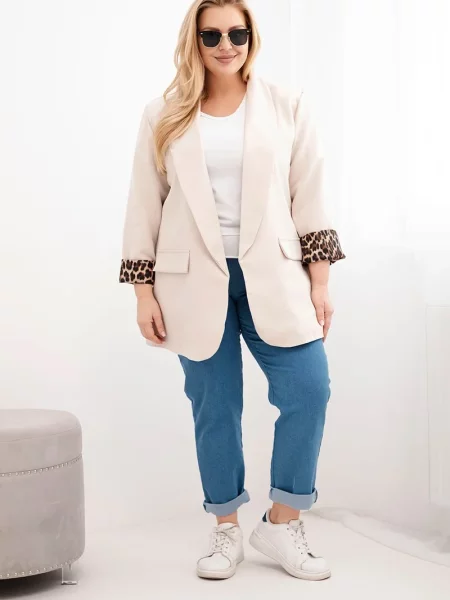 Kesi ženské plus size sako s leopardou podšívkou béžová