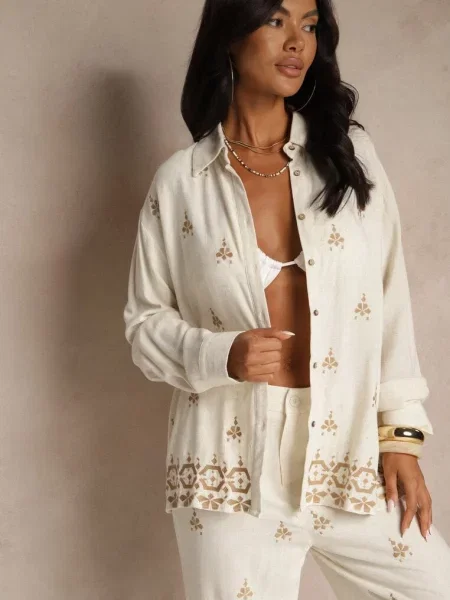 Biało-Beżowa Koszula Boho z i Lnu z Ozdobnym Hafem Arliena biała