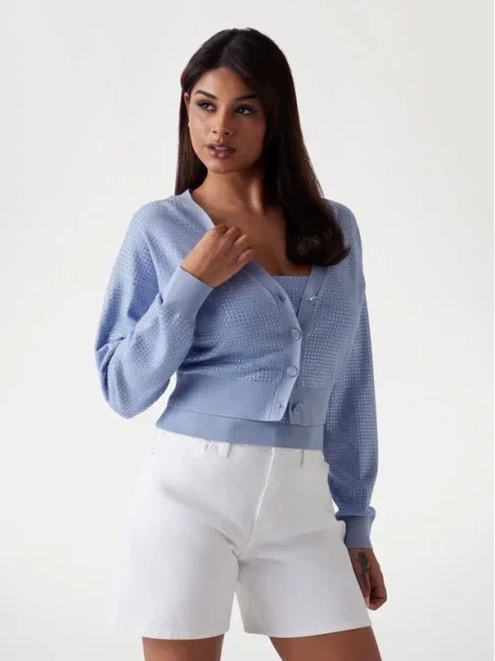 Жилетка Guess KHLOE дамска от лека материя синьо