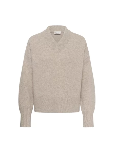 Sweter My Essential Wardrobe wełniany z dekoltem w serek beżowy