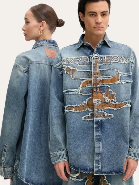 Y/Project camasa jeans EVERGREEN PARIS BEST PATCH DENIM SHIRT cu guler clasic relaxed albastru