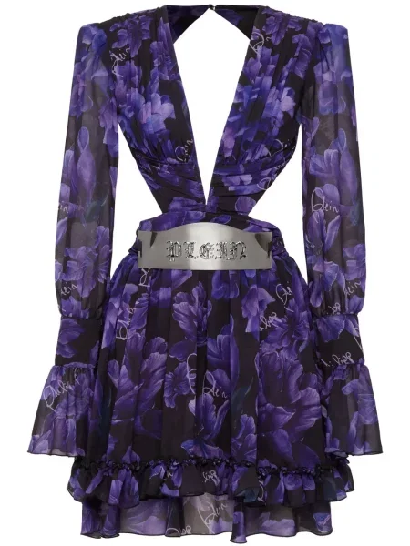 Rochie mini Philipp Plein din șifon cu model floral cu imagine negru