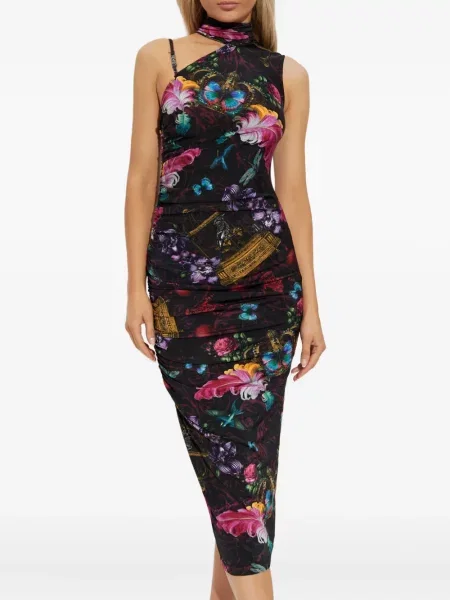 Sukienka jeansowa Versace Jeans Couture w kwiatki z nadrukiem do kolan czarna
