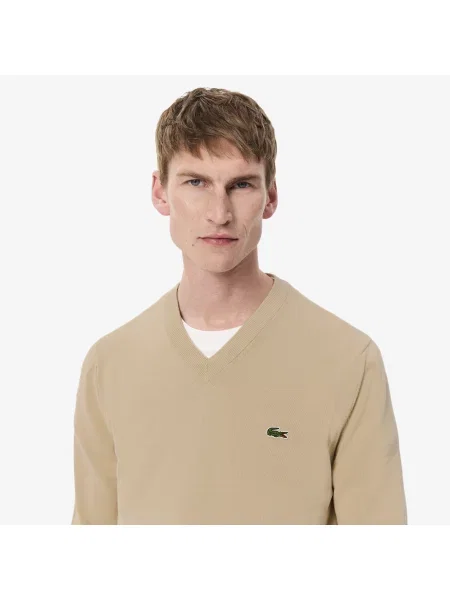 Lacoste Monochromatyczny Sweter Z Dekoltem V beżowy