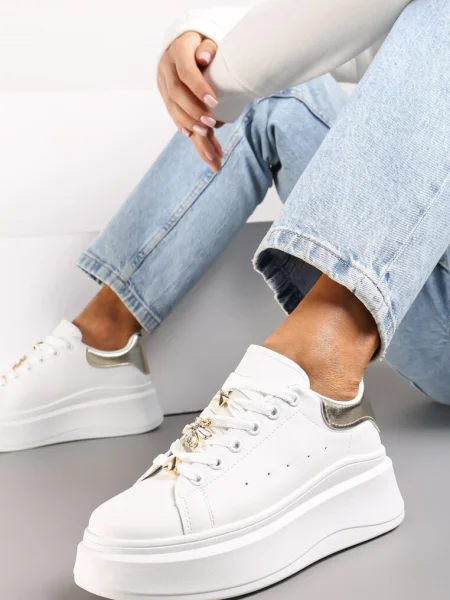 Sneakerși Albi-Aurii pe Talpă Groasă Celessi alb
