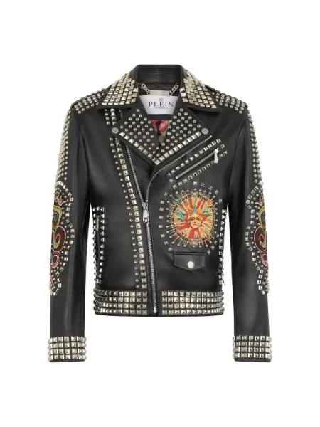 Kurtka skórzana Philipp Plein z naszywkami retro czarna