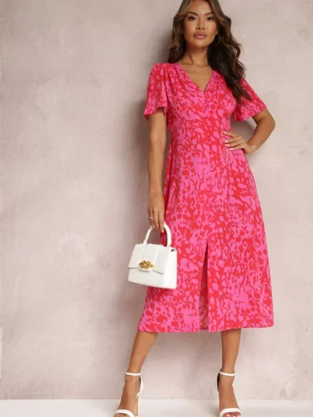 Rochie Midi Roșu-Roz Talia Imperiului cu Mânecă Scurtă și în Talie Zerala roșu