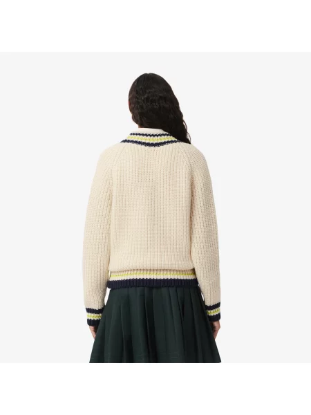 Lacoste Wełniany Sweter Z Dekoltem V Z Blokadą Koloru Relaxed Fit Kremowy Kremowy