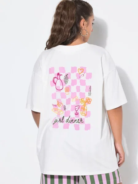 T-shirt krój oversize nadruk Girl Dinner na plecach biała