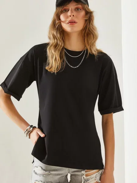 Bianco Lucci Side Slit Sleeve Folding Detailed Crew Neck Short Sleeve Basic T-Shirt crna