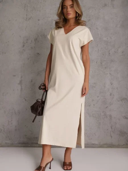 Rochie oversize din cu și decolteu în V Iphne bej