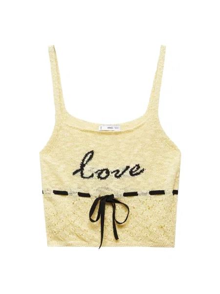 MANGO Top brodat LOVE galben deschis negru