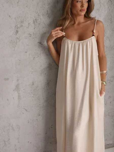 Sukienka Boho o Pudełkowym Kroju na Ramiączkach z Koralikami Aleino beżowa