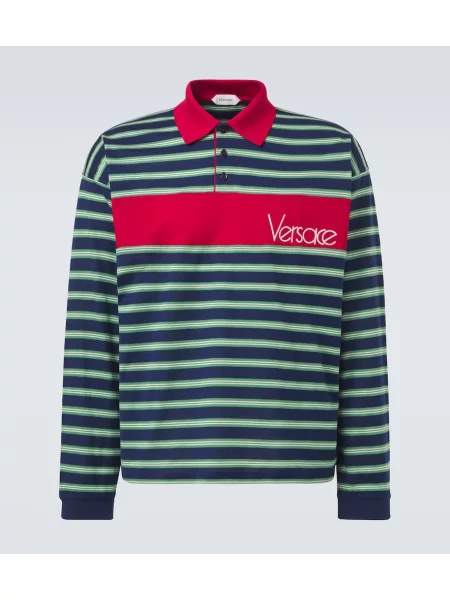 Tricou polo Versace cu dungi din jerseu albastru