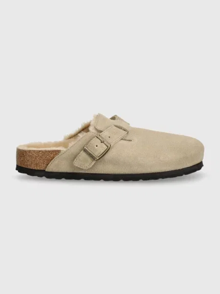 Замшеві шльопанці Birkenstock Boston Shearling бежевий