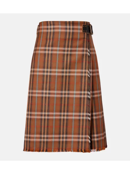 Fustă midi Burberry de lână în carouri până la genunchi maro