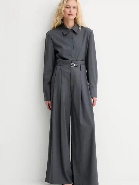 Штани з домішкою вовни ISABELLE BLANCHE прямі висока посадка сірий