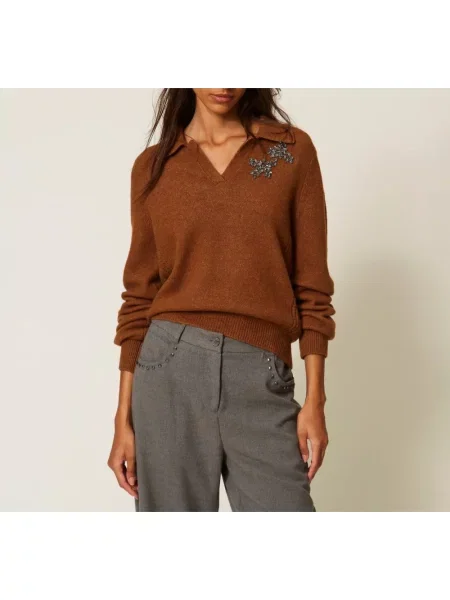 Sweter Twinset z dekoltem w serek brązowy