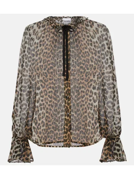 Bluză Ganni din șifon cu imagine cu model leopard maro