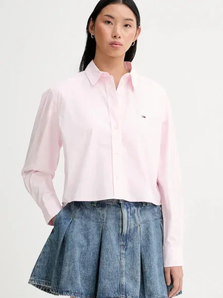 Košulja Tommy Jeans za žene relaxed s klasičnim ovratnikom ružičasta