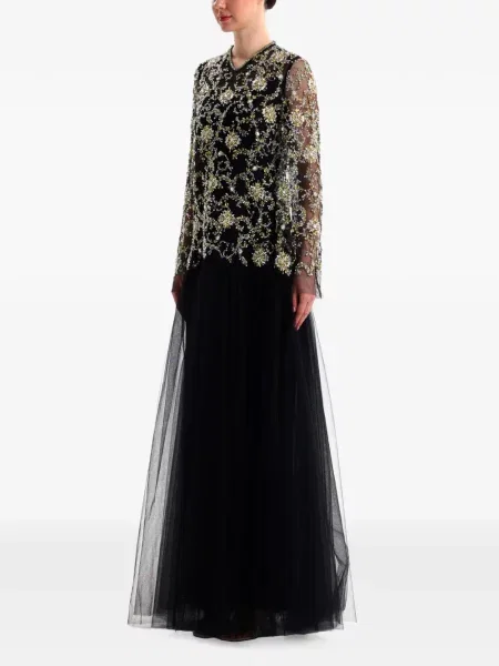 Rochie maxi Dina Melwani cu model floral negru