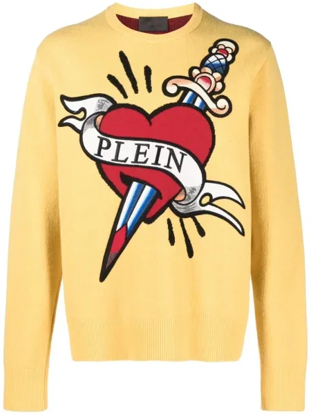Pulover Philipp Plein tricotate cu motiv cu inimi galben