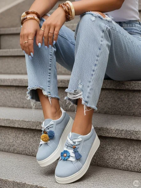 Sneakersy zamszowe z ozdobami na platformie Dstreet niebieskie