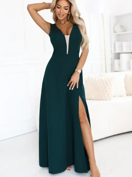 Maksi sukienka maxi Numoco z rozcieciem garniturowa zielona